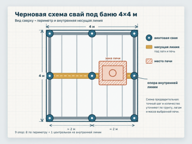 схема расстановки винтовых свай под баню с внутренней линией опор